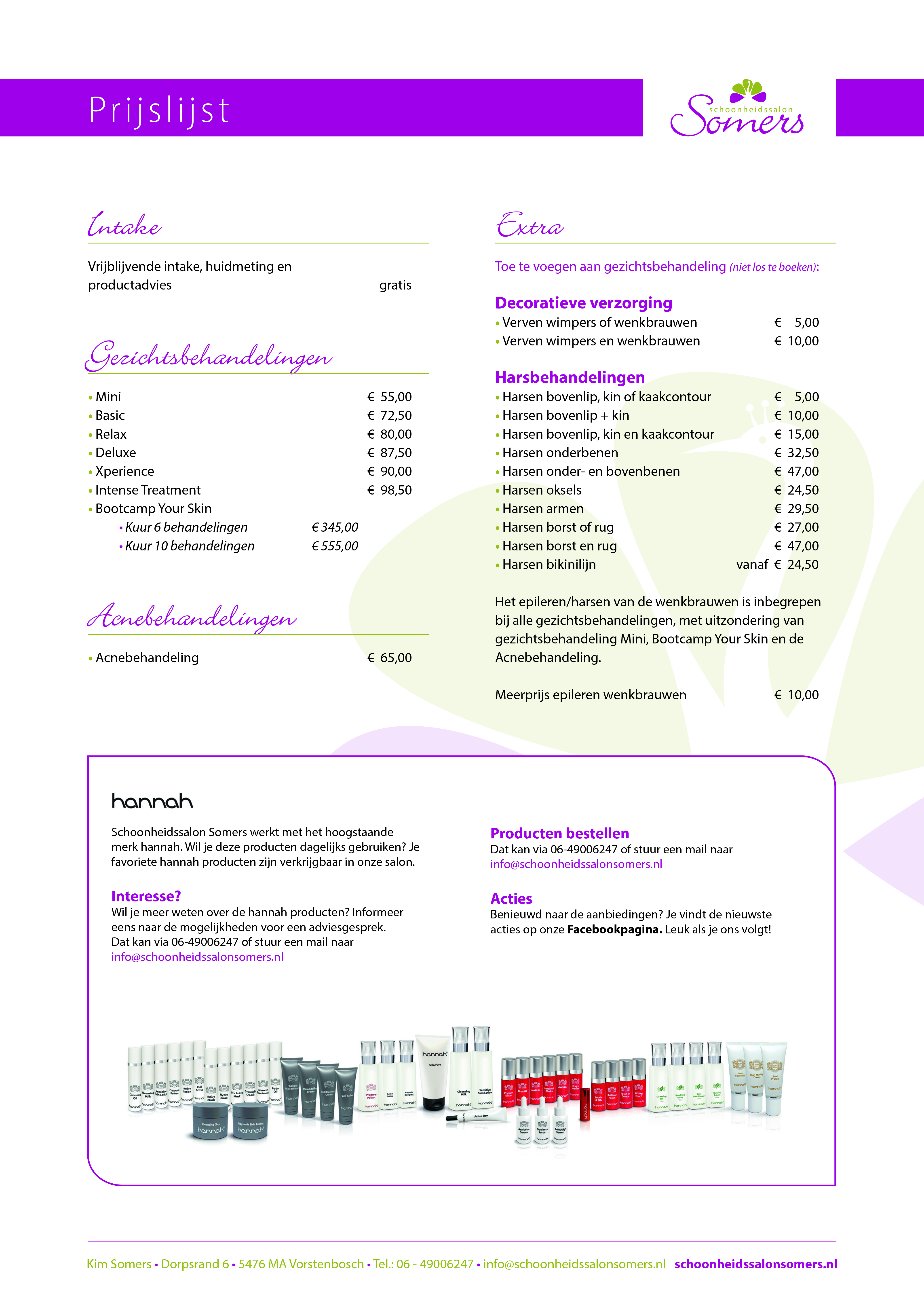 Prijzenlijst Schoonheidssalon Somers